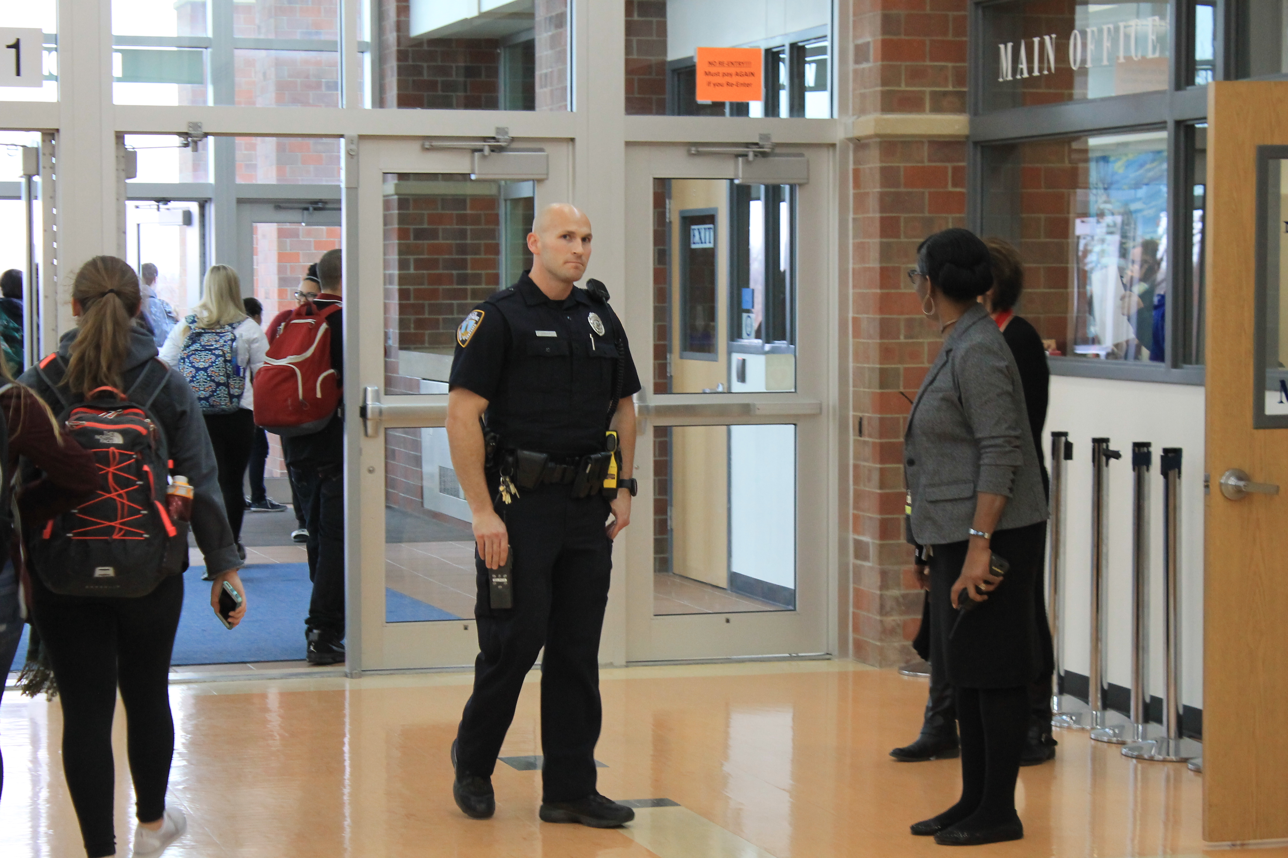School Resource Officer, Shane Jensen looks to the camera shortly after announcing that the lockout can be lifted.