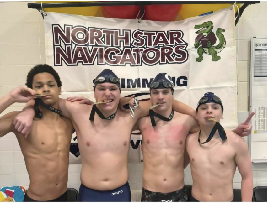 200m medley relay team led by Sergio Hosey Alvarez (9) poses for the camera. They ended up with gold in their hands after a hard fought North Star Meet.